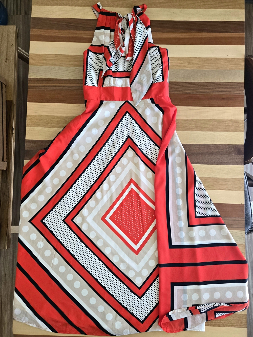 Eliza J Red White and Black Geometric Halter Maxi Dress With Scarf Back Tie 6 - Picture 4 of 5